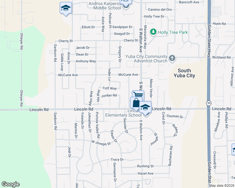 map of restaurants, bars, coffee shops, grocery stores, and more near 1730 Jordan Road in Yuba City