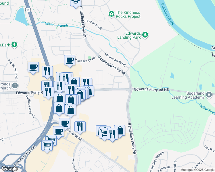 map of restaurants, bars, coffee shops, grocery stores, and more near 1515 Shields Terrace Northeast in Leesburg
