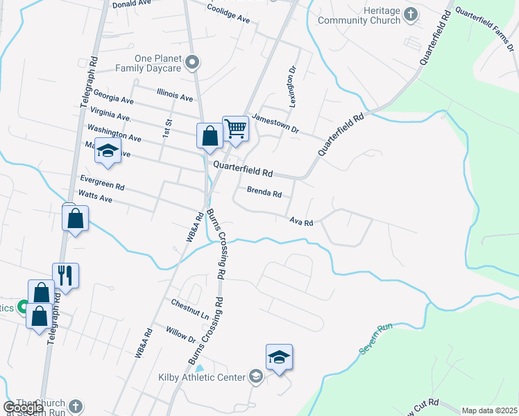 map of restaurants, bars, coffee shops, grocery stores, and more near 1346 Ava Road in Severn