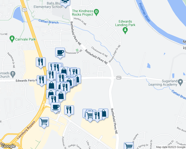 map of restaurants, bars, coffee shops, grocery stores, and more near 1515 Shields Terrace Northeast in Leesburg