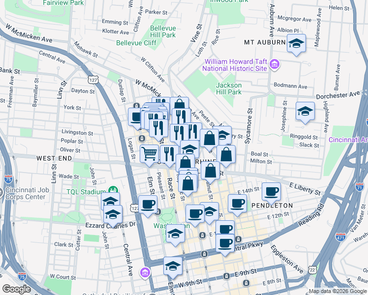 map of restaurants, bars, coffee shops, grocery stores, and more near 1642 Vine Street in Cincinnati
