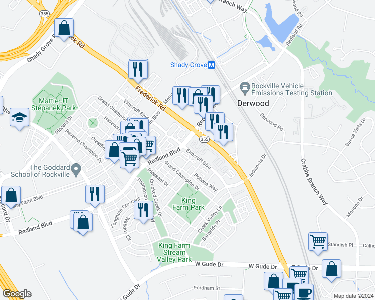 map of restaurants, bars, coffee shops, grocery stores, and more near Elmcroft Boulevard in Rockville