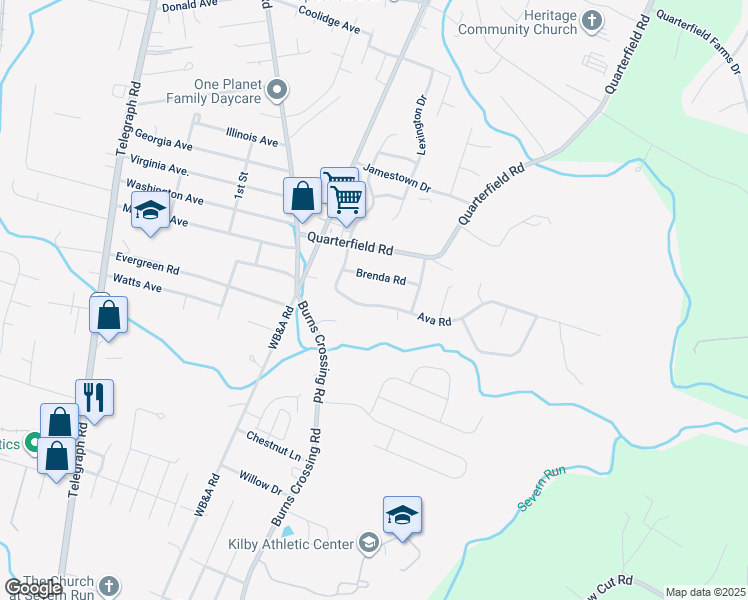 map of restaurants, bars, coffee shops, grocery stores, and more near 1346 Ava Road in Severn