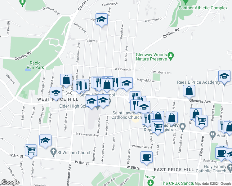 map of restaurants, bars, coffee shops, grocery stores, and more near 3900 Glenway Avenue in Cincinnati