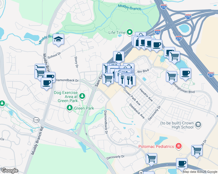 map of restaurants, bars, coffee shops, grocery stores, and more near Copley Place in Gaithersburg