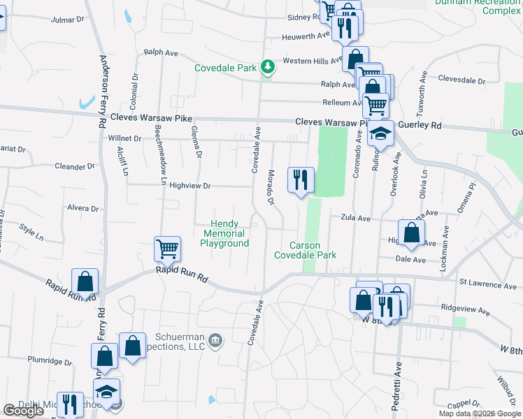 map of restaurants, bars, coffee shops, grocery stores, and more near 1033 Seibel Lane in Cincinnati