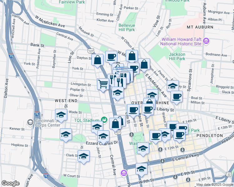 map of restaurants, bars, coffee shops, grocery stores, and more near 1622 Logan Street in Cincinnati