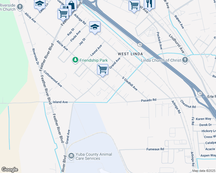 map of restaurants, bars, coffee shops, grocery stores, and more near 5550 Alicia Avenue in Olivehurst