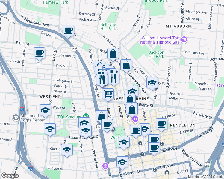 map of restaurants, bars, coffee shops, grocery stores, and more near 121 Green in Cincinnati