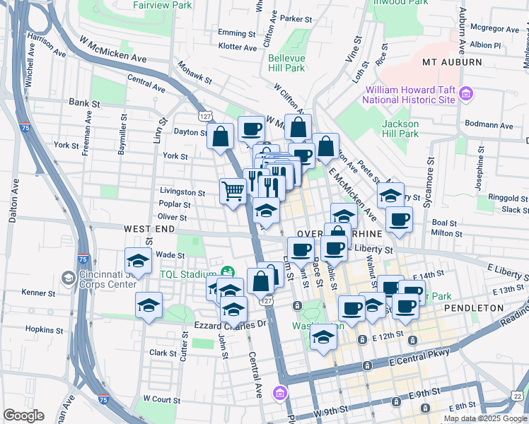 map of restaurants, bars, coffee shops, grocery stores, and more near 1622 Logan Street in Cincinnati