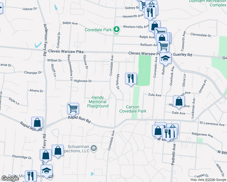map of restaurants, bars, coffee shops, grocery stores, and more near 1033 Seibel Lane in Cincinnati