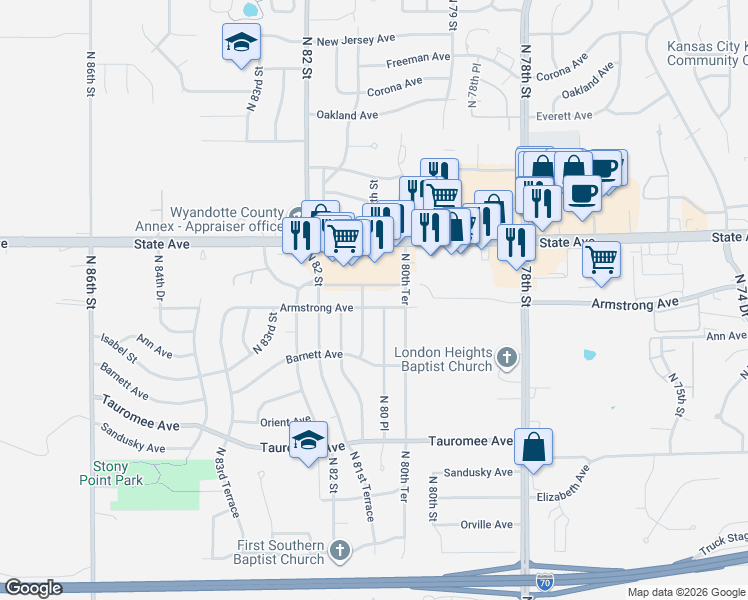 map of restaurants, bars, coffee shops, grocery stores, and more near 8019 Armstrong Avenue in Kansas City