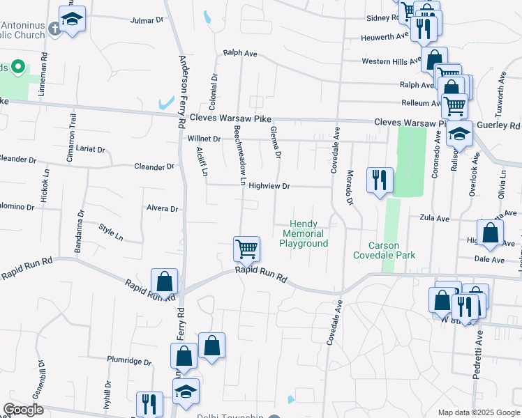map of restaurants, bars, coffee shops, grocery stores, and more near 1080 Beechmeadow Lane in Cincinnati