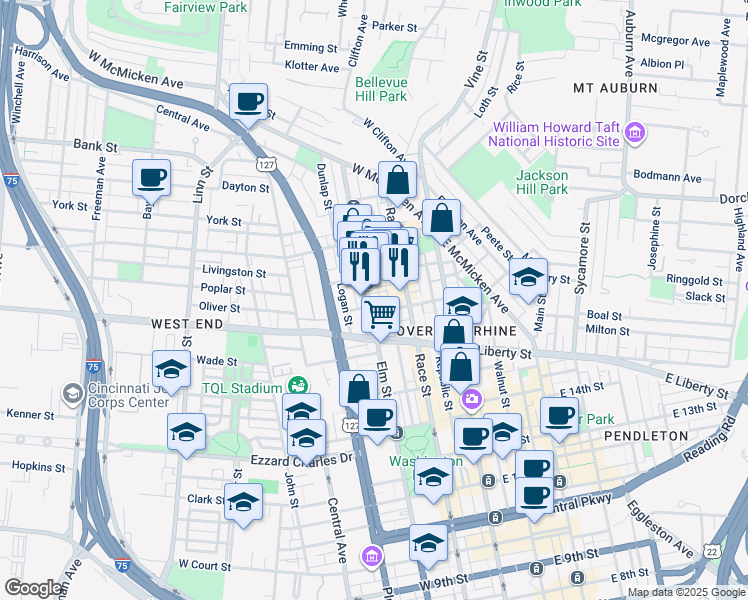 map of restaurants, bars, coffee shops, grocery stores, and more near 121 Green in Cincinnati