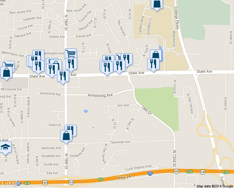 map of restaurants, bars, coffee shops, grocery stores, and more near 7421 Armstrong Avenue in Kansas City