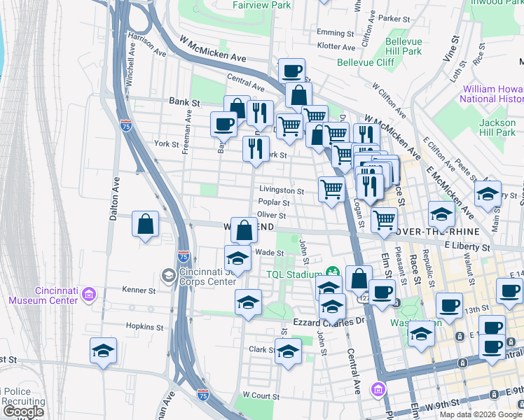 map of restaurants, bars, coffee shops, grocery stores, and more near 553 West Liberty Street in Cincinnati
