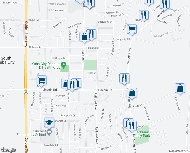 map of restaurants, bars, coffee shops, grocery stores, and more near 931 Railroad Avenue in Yuba City