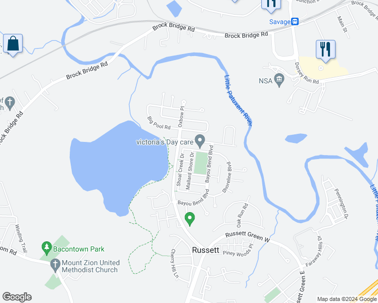 map of restaurants, bars, coffee shops, grocery stores, and more near 8100 Mallard Shore Drive in Laurel