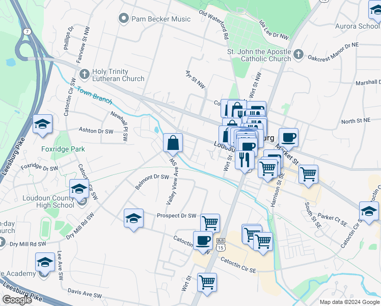 map of restaurants, bars, coffee shops, grocery stores, and more near 110 Meherrin Terrace Southwest in Leesburg