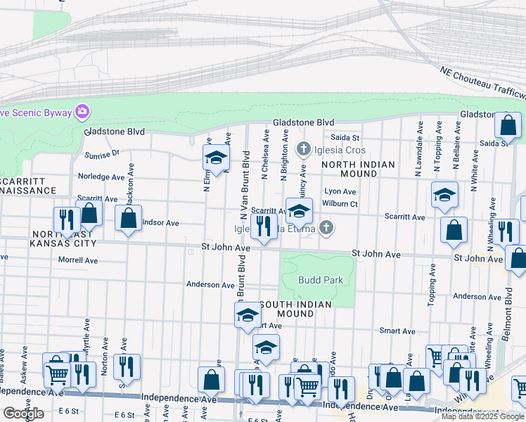 map of restaurants, bars, coffee shops, grocery stores, and more near 4899 Scarritt Avenue in Kansas City