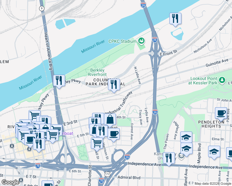 map of restaurants, bars, coffee shops, grocery stores, and more near 1008 East 1st Street in Kansas City