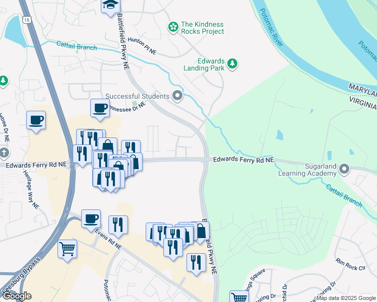 map of restaurants, bars, coffee shops, grocery stores, and more near 609 Battery Terrace Northeast in Leesburg