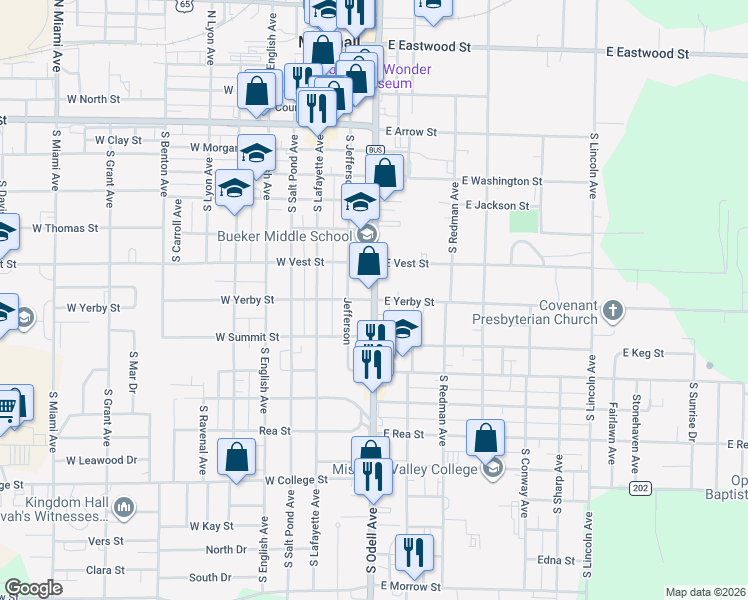 map of restaurants, bars, coffee shops, grocery stores, and more near 200 East Yerby Street in Marshall