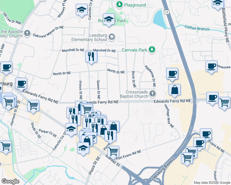 map of restaurants, bars, coffee shops, grocery stores, and more near 120 Washington Street Northeast in Leesburg