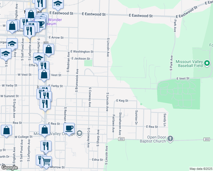 map of restaurants, bars, coffee shops, grocery stores, and more near 600-698 E Yerby St in Marshall