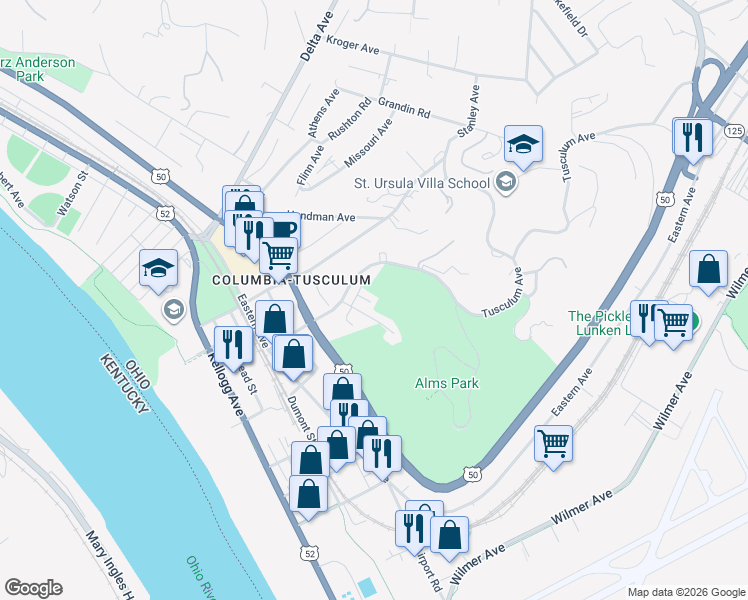 map of restaurants, bars, coffee shops, grocery stores, and more near 3744 Sachem Avenue in Cincinnati