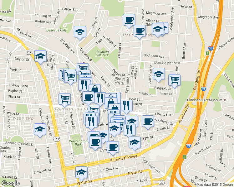map of restaurants, bars, coffee shops, grocery stores, and more near 220 Schiller Street in Cincinnati