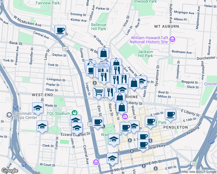 map of restaurants, bars, coffee shops, grocery stores, and more near 1630 Race Street in Cincinnati