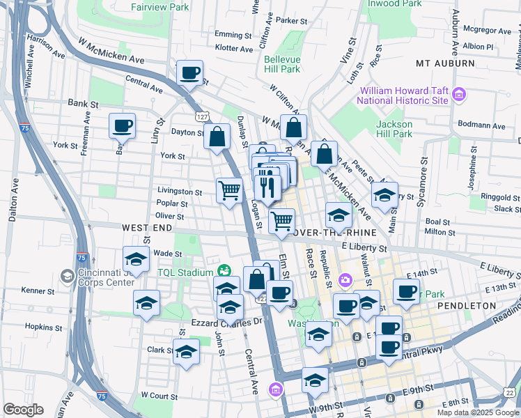 map of restaurants, bars, coffee shops, grocery stores, and more near 1622 Logan Street in Cincinnati