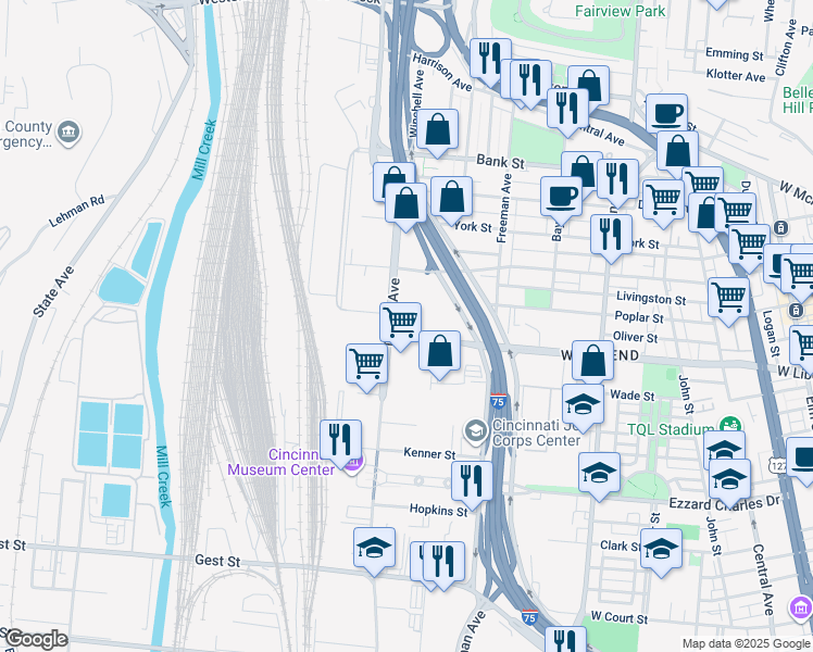 map of restaurants, bars, coffee shops, grocery stores, and more near 1088 West Liberty Street in Cincinnati