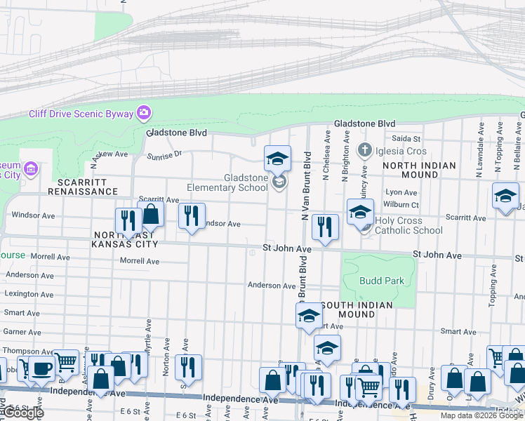 map of restaurants, bars, coffee shops, grocery stores, and more near 4440 Windsor Avenue in Kansas City
