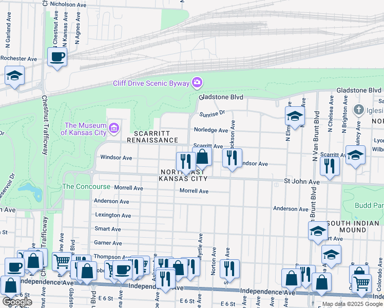 map of restaurants, bars, coffee shops, grocery stores, and more near 123 North Mersington Avenue in Kansas City