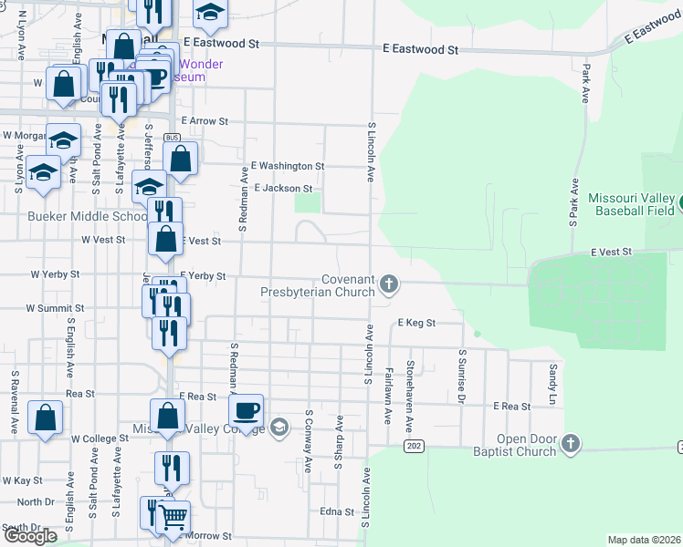 map of restaurants, bars, coffee shops, grocery stores, and more near 628 East Yerby Street in Marshall