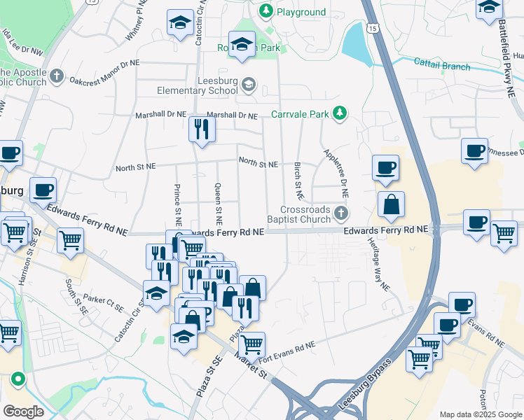 map of restaurants, bars, coffee shops, grocery stores, and more near 120 Washington Street Northeast in Leesburg