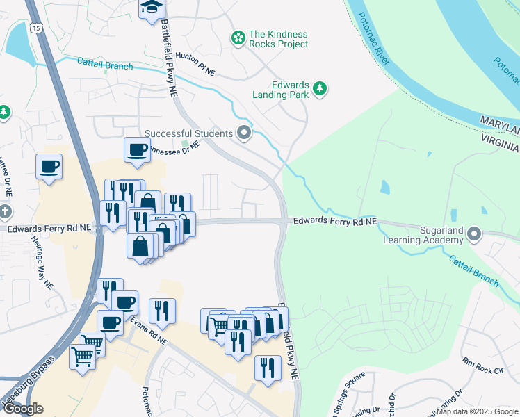 map of restaurants, bars, coffee shops, grocery stores, and more near 611 Battery Terrace Northeast in Leesburg