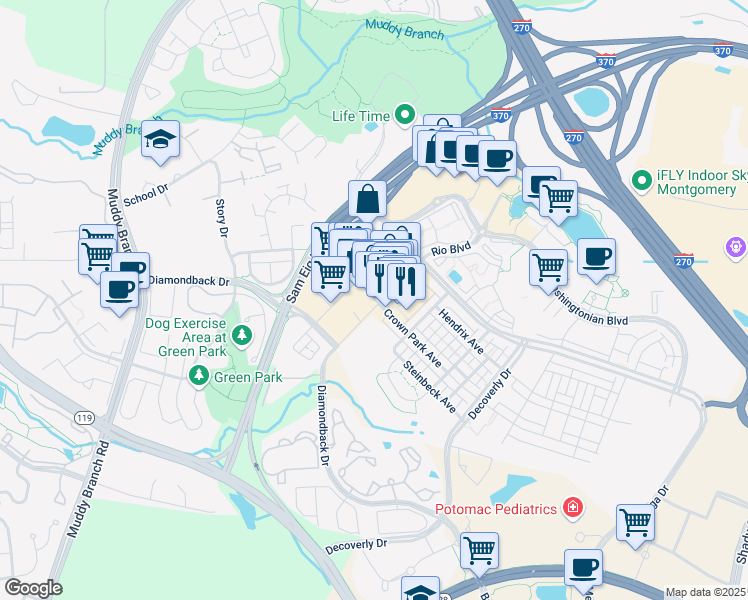 map of restaurants, bars, coffee shops, grocery stores, and more near 107 Crown Park Avenue in Gaithersburg