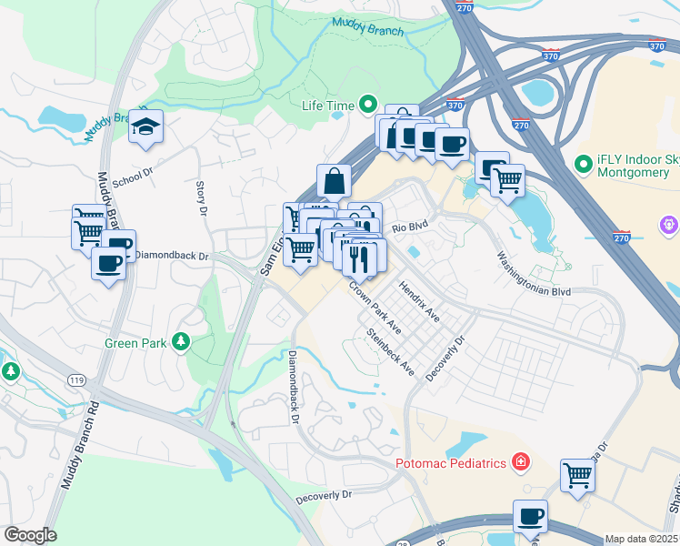 map of restaurants, bars, coffee shops, grocery stores, and more near 107 Crown Park Avenue in Gaithersburg