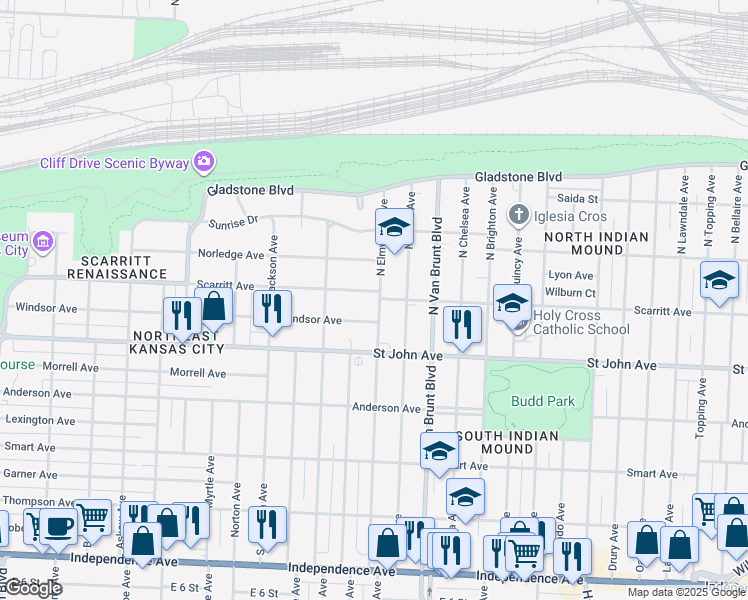 map of restaurants, bars, coffee shops, grocery stores, and more near 4440 Windsor Avenue in Kansas City