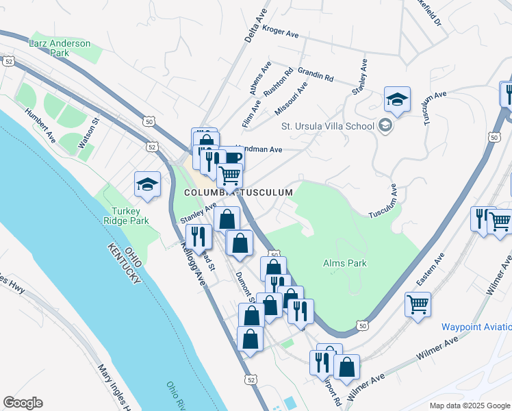 map of restaurants, bars, coffee shops, grocery stores, and more near 3629 Woodbridge Place in Cincinnati