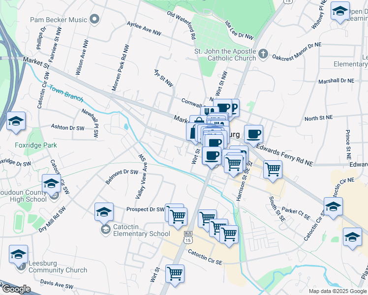map of restaurants, bars, coffee shops, grocery stores, and more near 106 Chesterfield Place Southwest in Leesburg
