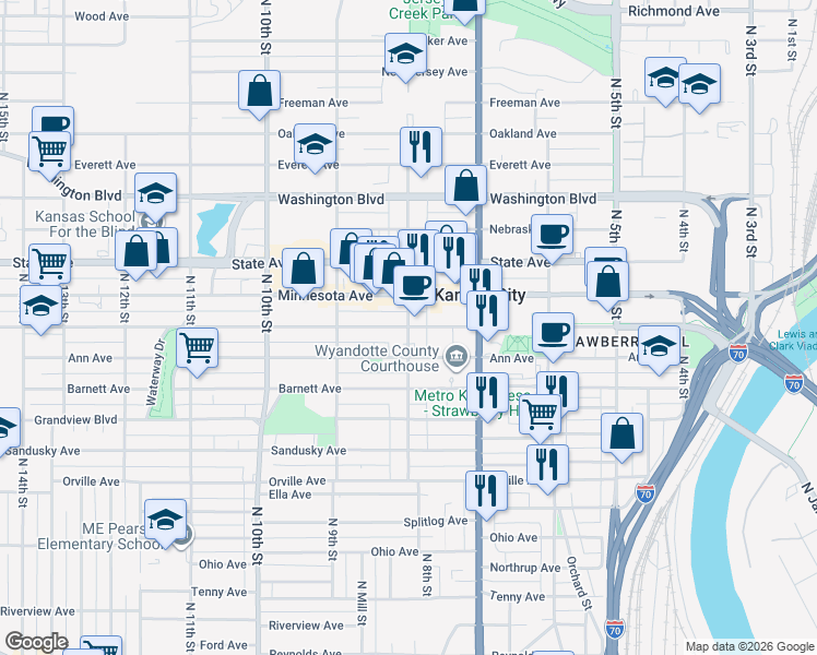map of restaurants, bars, coffee shops, grocery stores, and more near N 8th St & Armstrong Ave in Kansas City