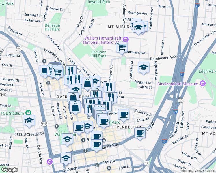 map of restaurants, bars, coffee shops, grocery stores, and more near 1725 Sycamore Street in Cincinnati