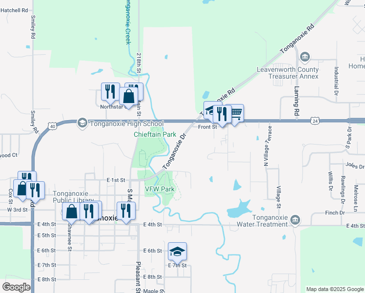 map of restaurants, bars, coffee shops, grocery stores, and more near 1197 Ridge Circle in Tonganoxie
