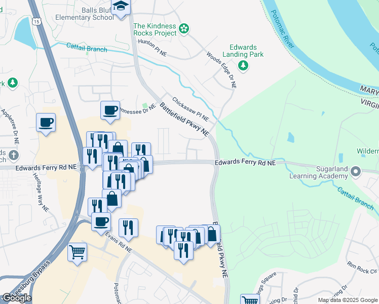 map of restaurants, bars, coffee shops, grocery stores, and more near 613 Howitzer Terrace Northeast in Leesburg