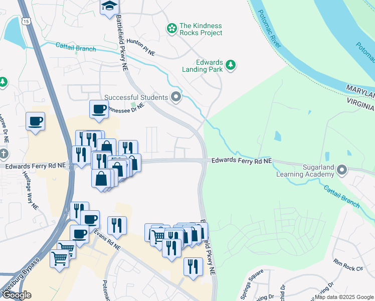 map of restaurants, bars, coffee shops, grocery stores, and more near 613 Battery Terrace Northeast in Leesburg