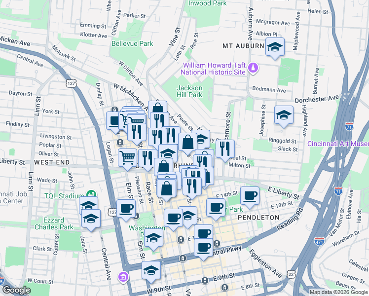 map of restaurants, bars, coffee shops, grocery stores, and more near in Cincinnati